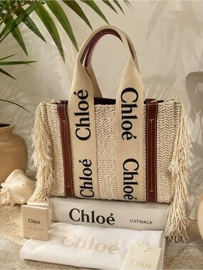 Chloé Natural crochet Tote with Branded Canvas Straps and Brown Leather Trim